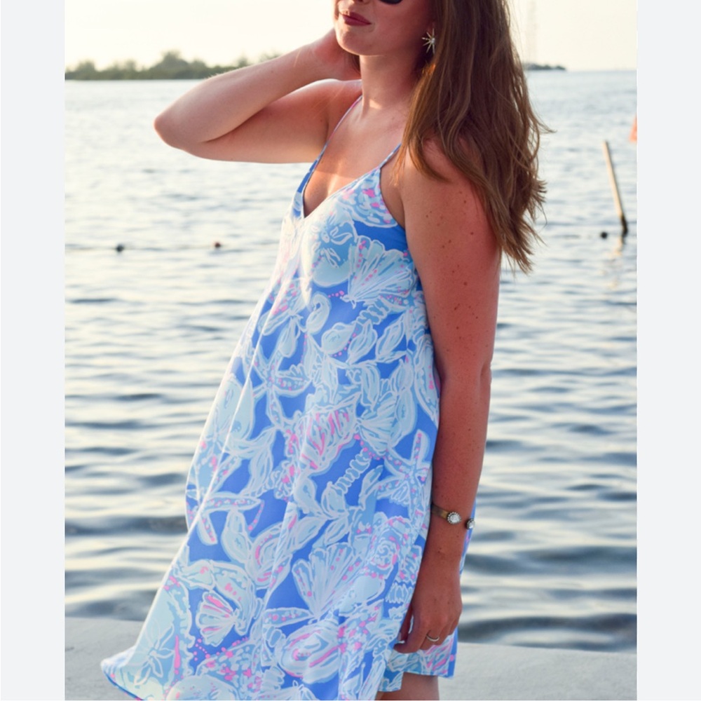 Lilly Pulitzer Bay Blue Into‎ the Deep 100% Silk Clara Trapeze Dress Size XS